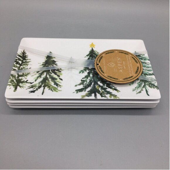 NEW x4 Aspen Home Winter Forest Melamine Appetizer Plate Set Christmas Tree Star - Picture 3 of 6